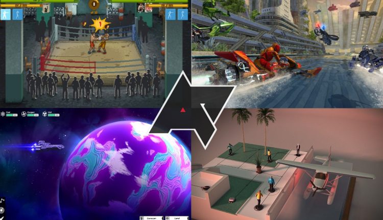Collage of screenshots from Punch Club, Riptide: GP Renegade, Out There: Omega Edition, and Hitman GO: Definitive Edition 