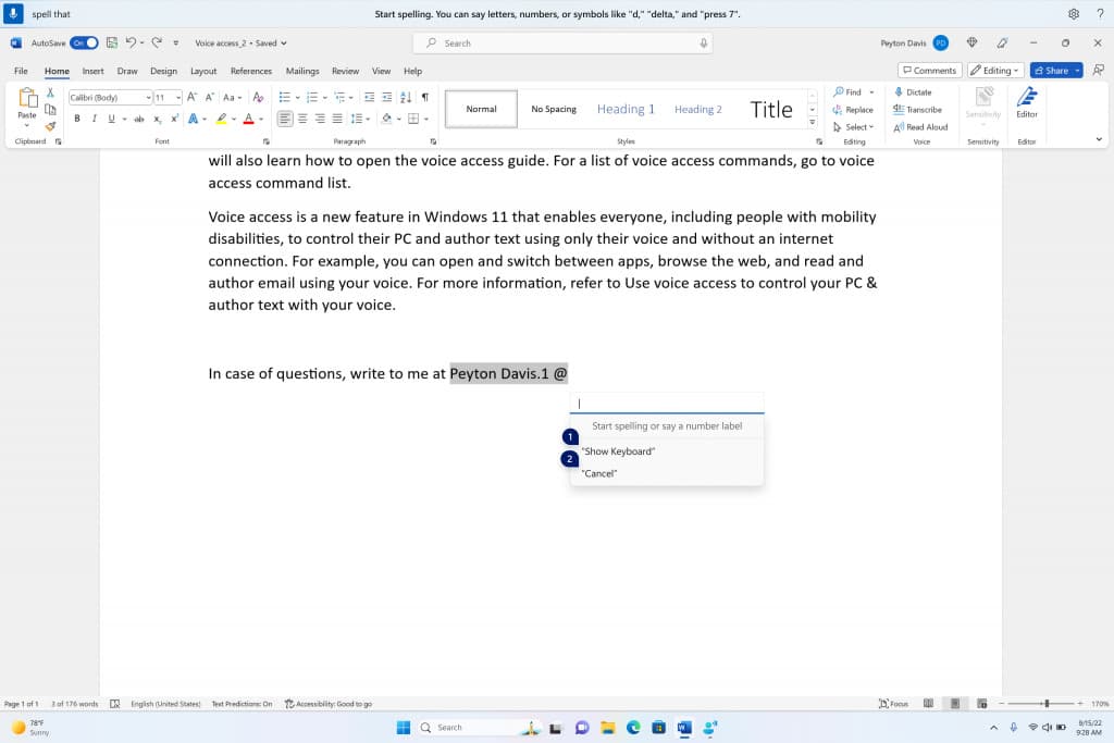 Spelling window is floating on top of the Word application.