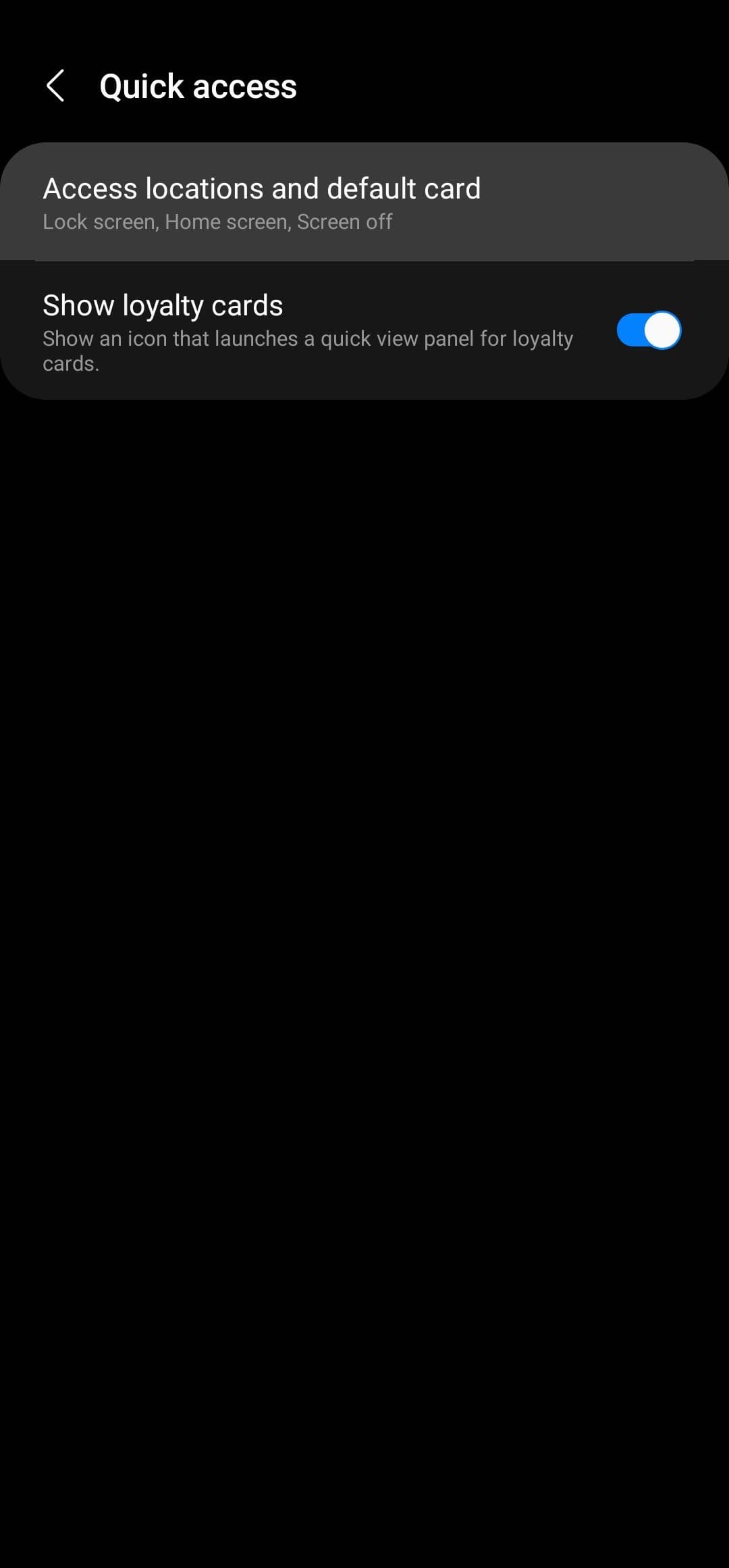 Το στιγμιότυπο οθόνης δείχνει τη σελίδα Γρήγορη πρόσβαση στην εφαρμογή Πορτοφόλι Samsung.