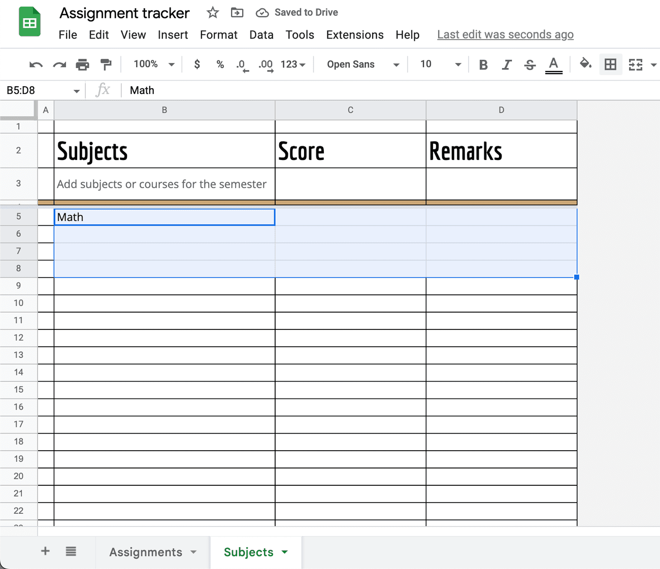 Μια σελίδα Φύλλα Google που εμφανίζει μη συγχωνευμένα κελιά 