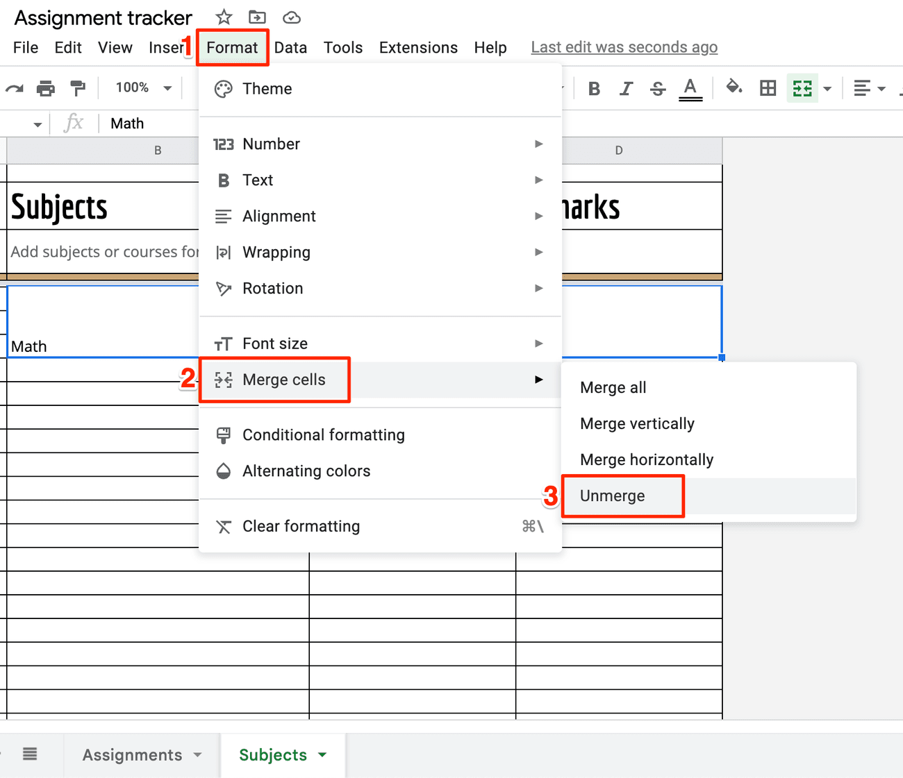 Ανοικτή μια σελίδα Φύλλων Google με την επιλογή Μορφοποίηση, η οποία εμφανίζει την επιλογή Κατάργηση συγχώνευσης