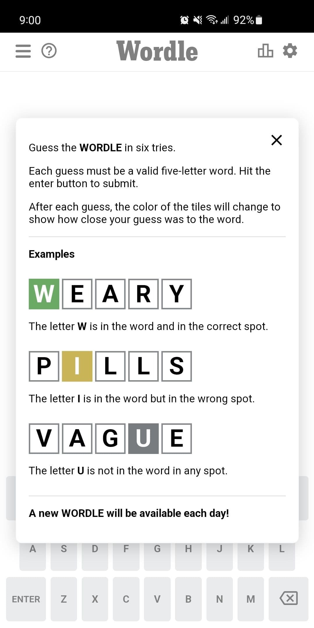 Στιγμιότυπο οθόνης του συνόλου κανόνων του Wordle