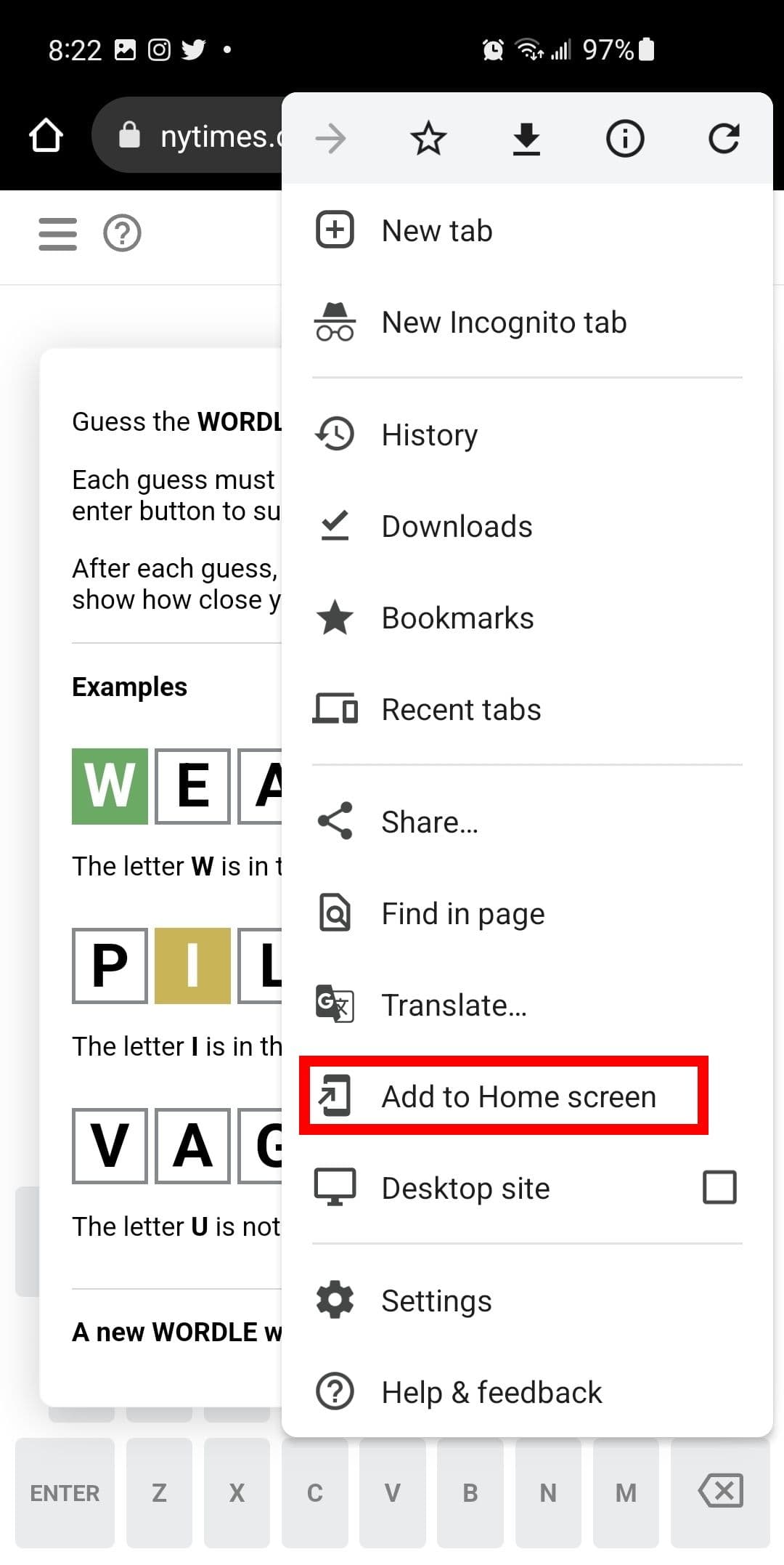 Στιγμιότυπο οθόνης πρόσβασης στο μενού υπερχείλισης 