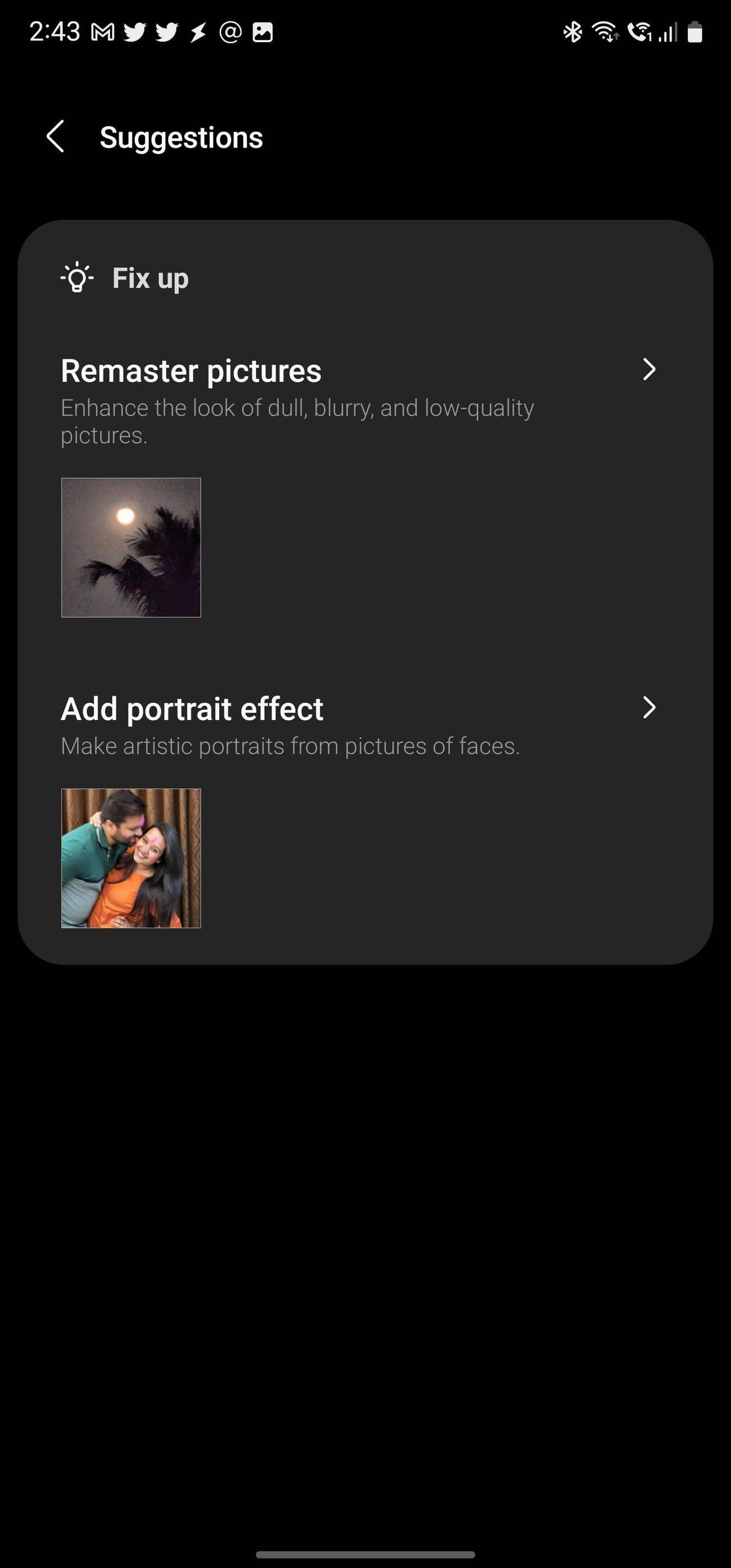 The list of suggestions in the Samsung Gallery app