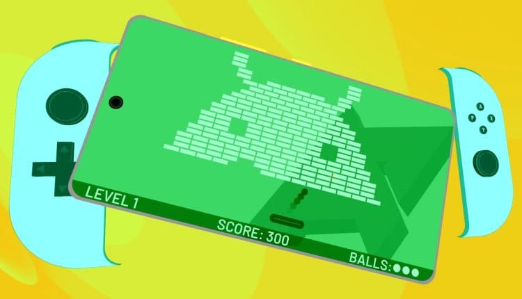 Illustration showing an Android phone with the Android mascot and two controllers