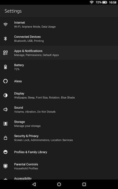 A screenshot of primary settings menu in Fire OS. 