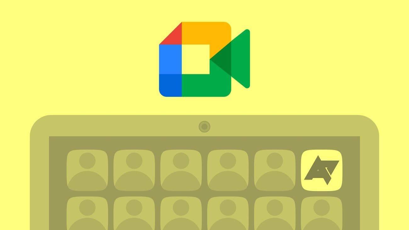 An illustration with the Google Meet logo and a laptop with various people icons. 