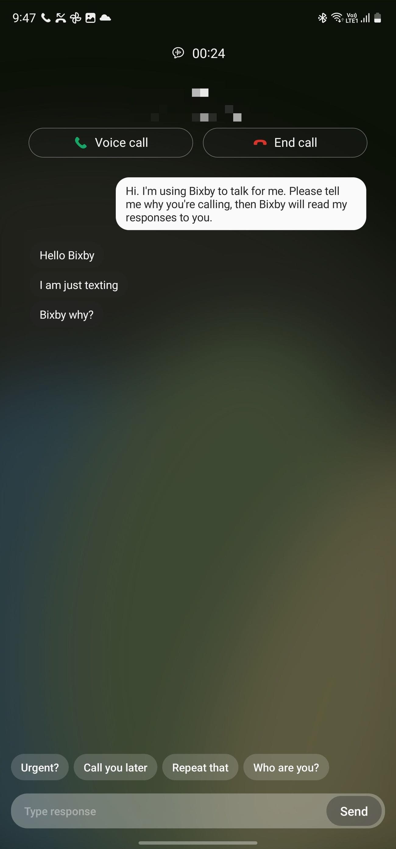 Bixby Text Call screen with quick responses on a Samsung phone