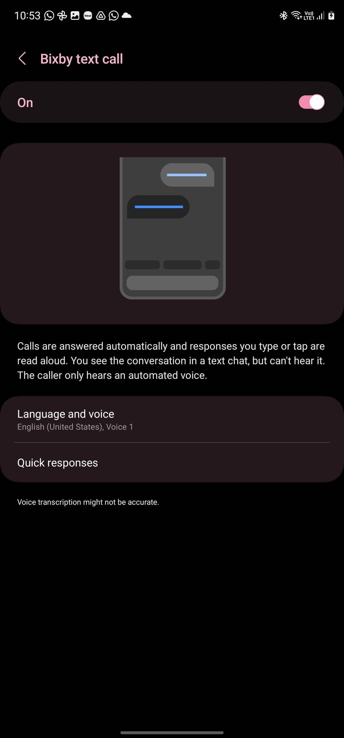 Bixby Text call settings in the Samsung phone app