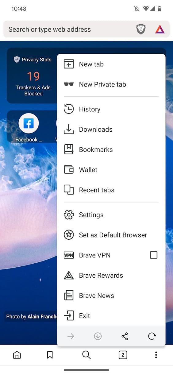 Στιγμιότυπο οθόνης εφαρμογής brave προγράμματος περιήγησης που δείχνει το παράθυρο επιλογών