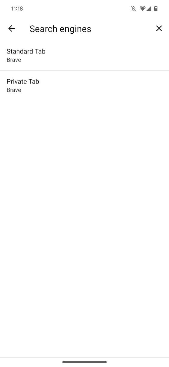 Στιγμιότυπο οθόνης της γενναίας εφαρμογής που δείχνει την επιλογή καρτέλας για αλλαγή μηχανής αναζήτησης