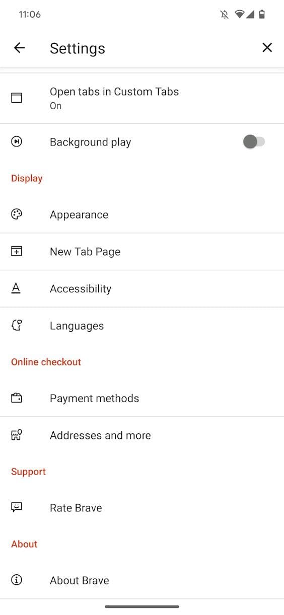 Στιγμιότυπο οθόνης εφαρμογής brave settings που δείχνει το μενού ρυθμίσεων