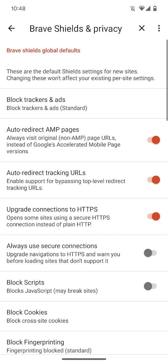 Στιγμιότυπο οθόνης εφαρμογής brave προγράμματος περιήγησης που δείχνει επιλογές για τη λειτουργία Brave Shields