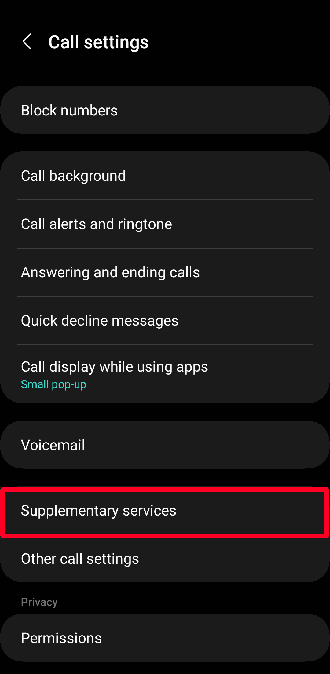 Το μενού ρυθμίσεων κλήσεων Samsung Galaxy επισημαίνει την επιλογή Συμπληρωματικές υπηρεσίες