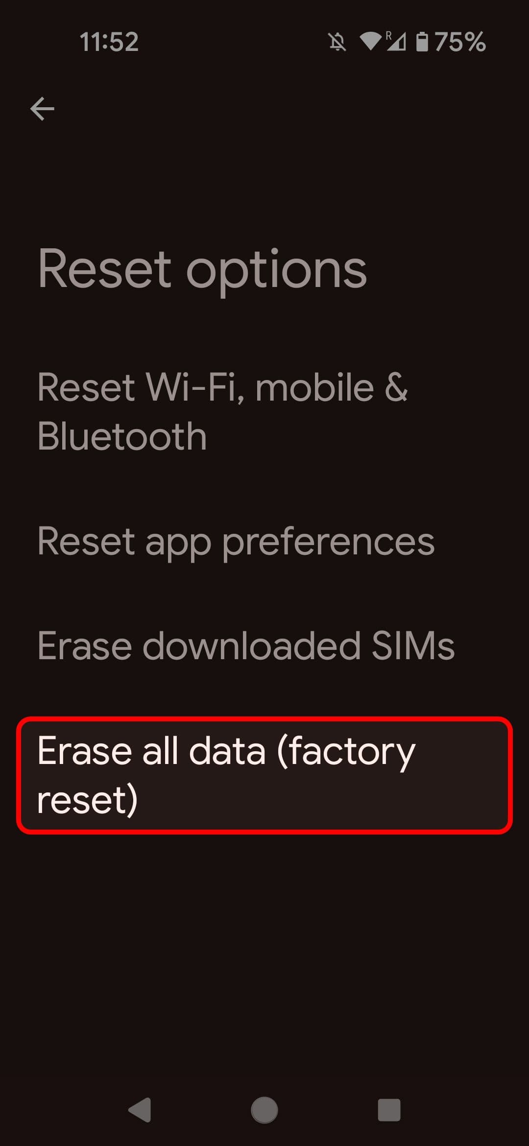 Μενού επιλογών επαναφοράς Android που επισημαίνει την επιλογή Διαγραφή όλων των δεδομένων (επαναφορά εργοστασιακών ρυθμίσεων).