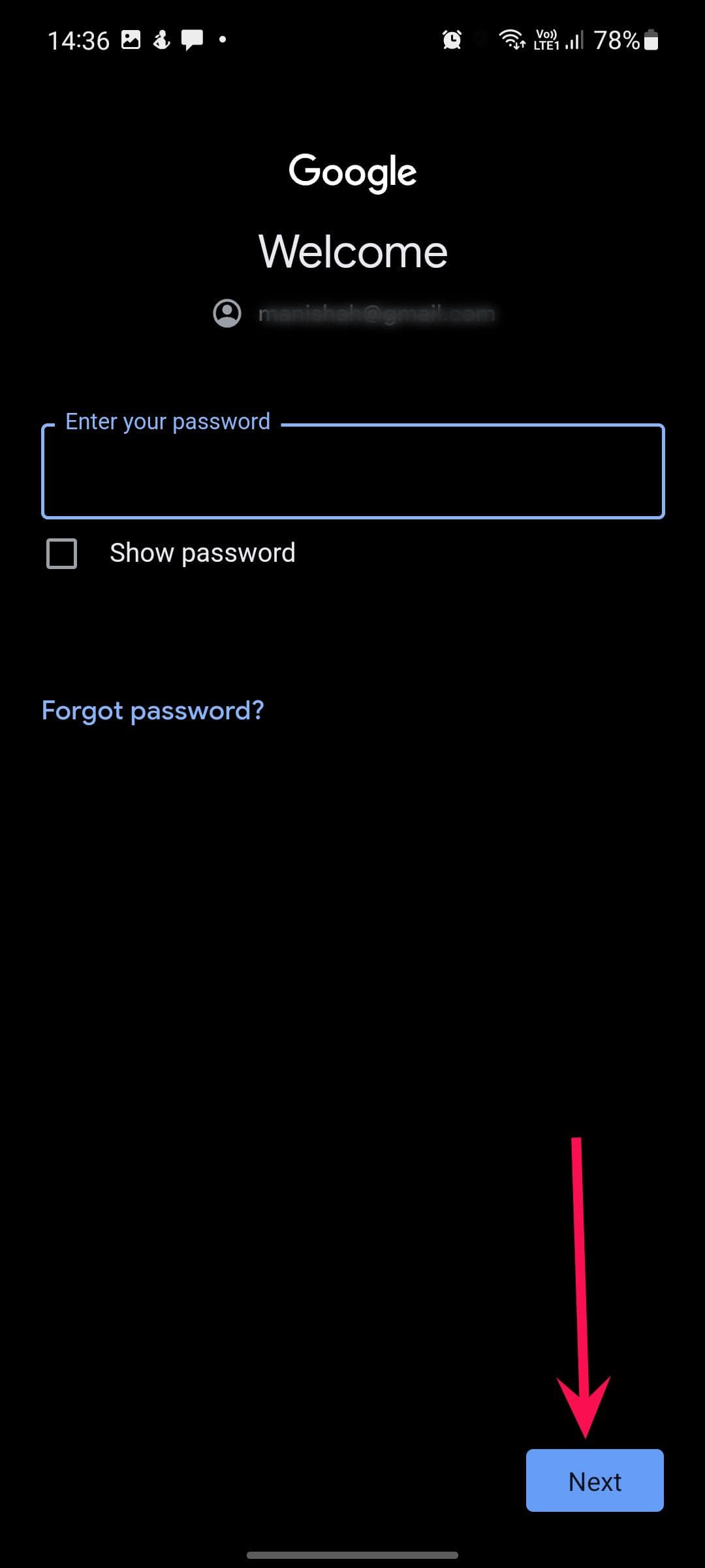Στιγμιότυπο οθόνης τηλεφώνου Android που δείχνει το παράθυρο εισαγωγής κωδικού πρόσβασης σε σκοτεινή λειτουργία