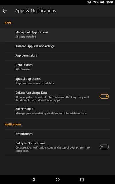 A screenshot showing Fire OS Apps & Notifications menu