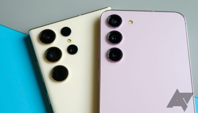 A purple Galaxy S23+ laid over a white S23 Ultra with the camera lenses shown.