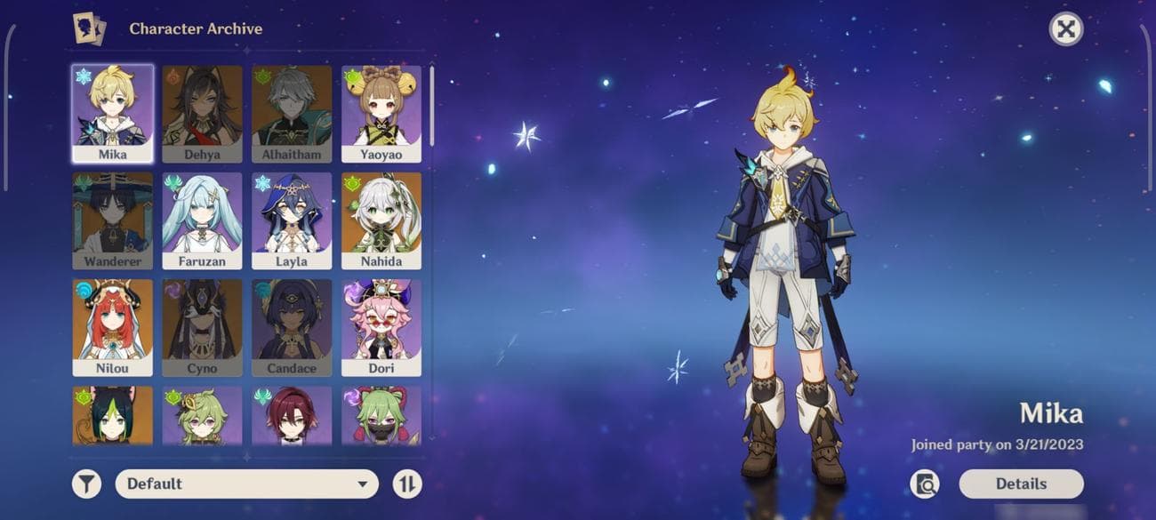 Στιγμιότυπο οθόνης του αρχείου χαρακτήρων στο Genshin Impact (κινητό)