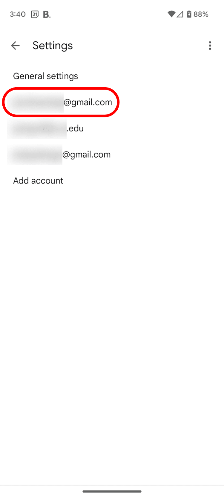 μια λίστα με γενικές ρυθμίσεις και ρυθμίσεις λογαριασμού στην εφαρμογή Gmail