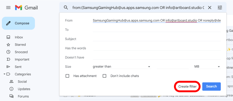 ένα μενού ρύθμισης ενεργοποίησης φίλτρου Gmail
