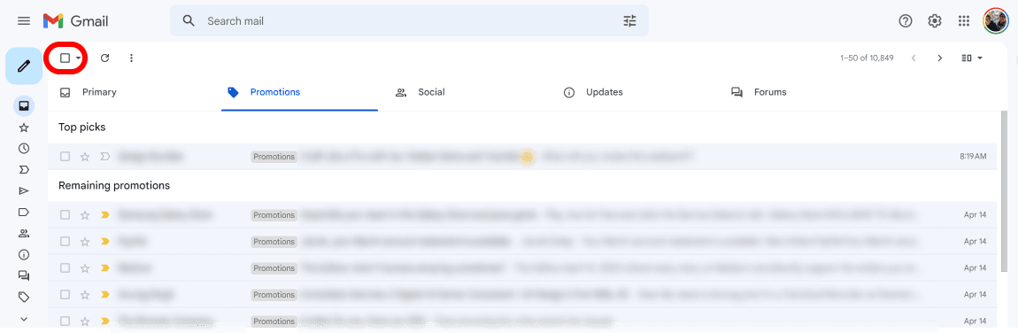 τα εισερχόμενα του Gmail με τονισμένο το πλαίσιο επιλογής όλων