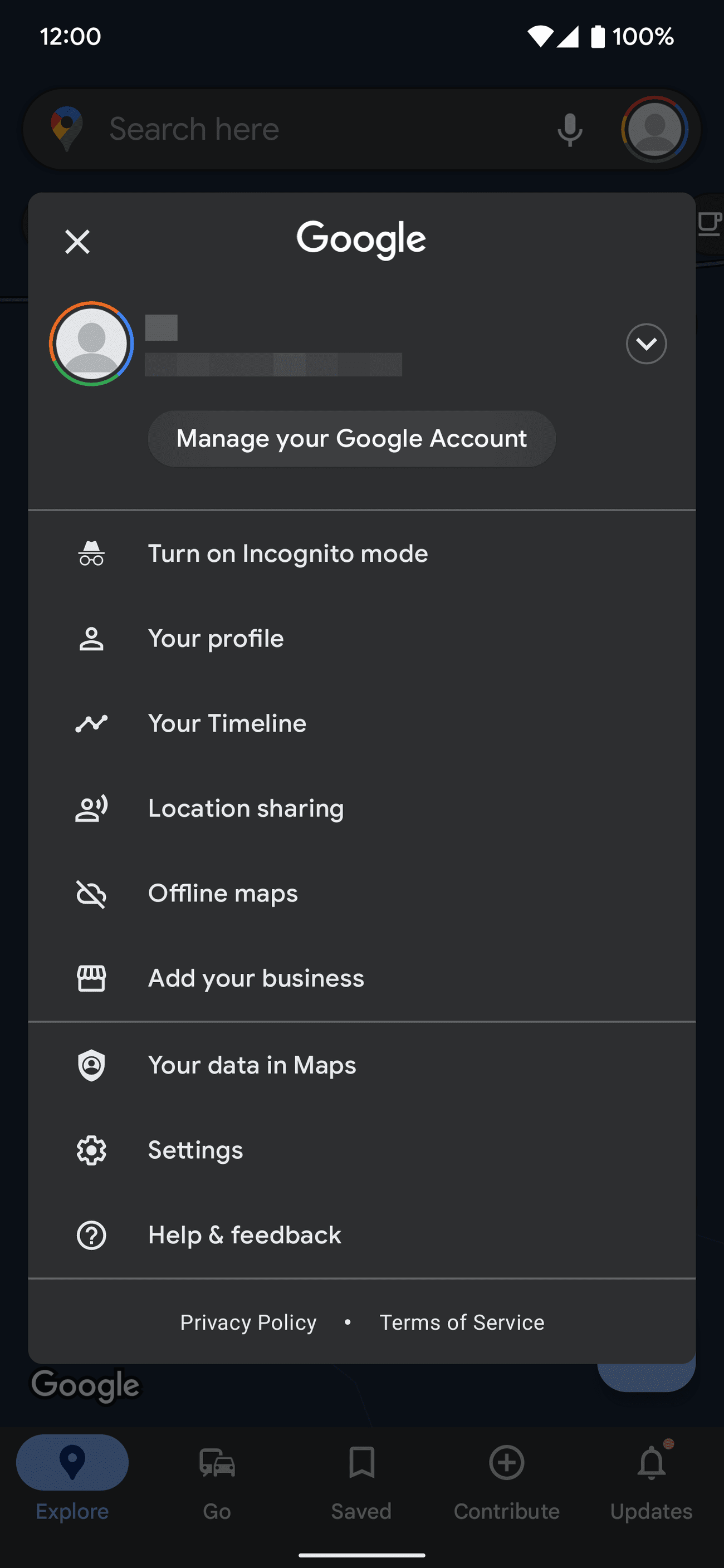 Στιγμιότυπο οθόνης που δείχνει την επιλογή Λογαριασμού Google στην εφαρμογή Χάρτες Google