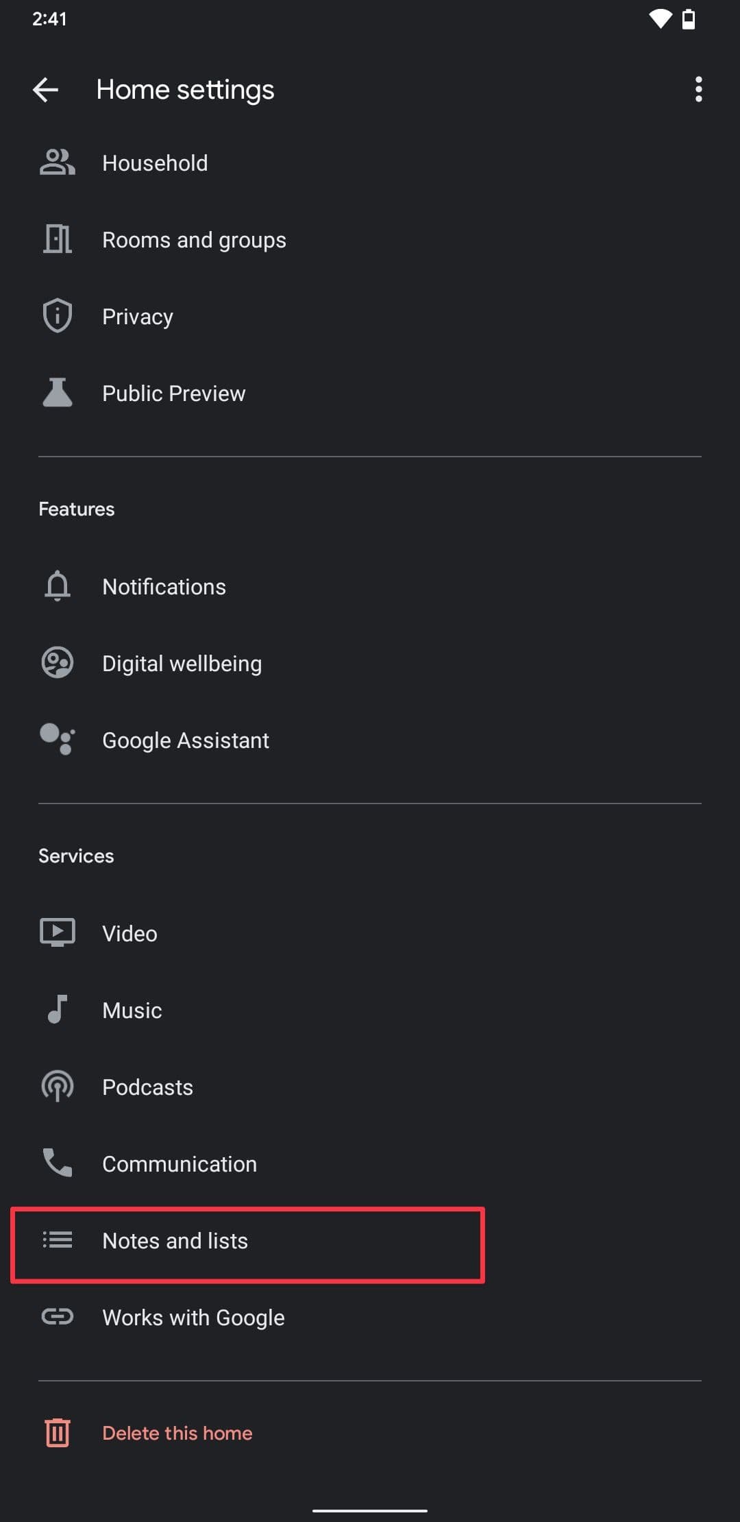 Στιγμιότυπο οθόνης σελίδας ρυθμίσεων Αρχικής σελίδας Google που εμφανίζει την επιλογή σημειώσεων και λιστών