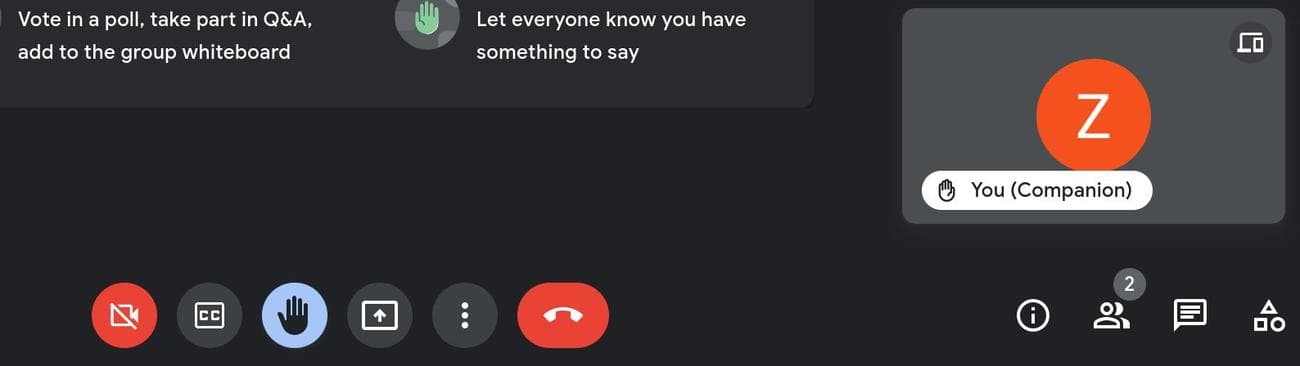 Ένα χέρι σηκωμένο χρησιμοποιώντας τη λειτουργία Companion στο Google Meet