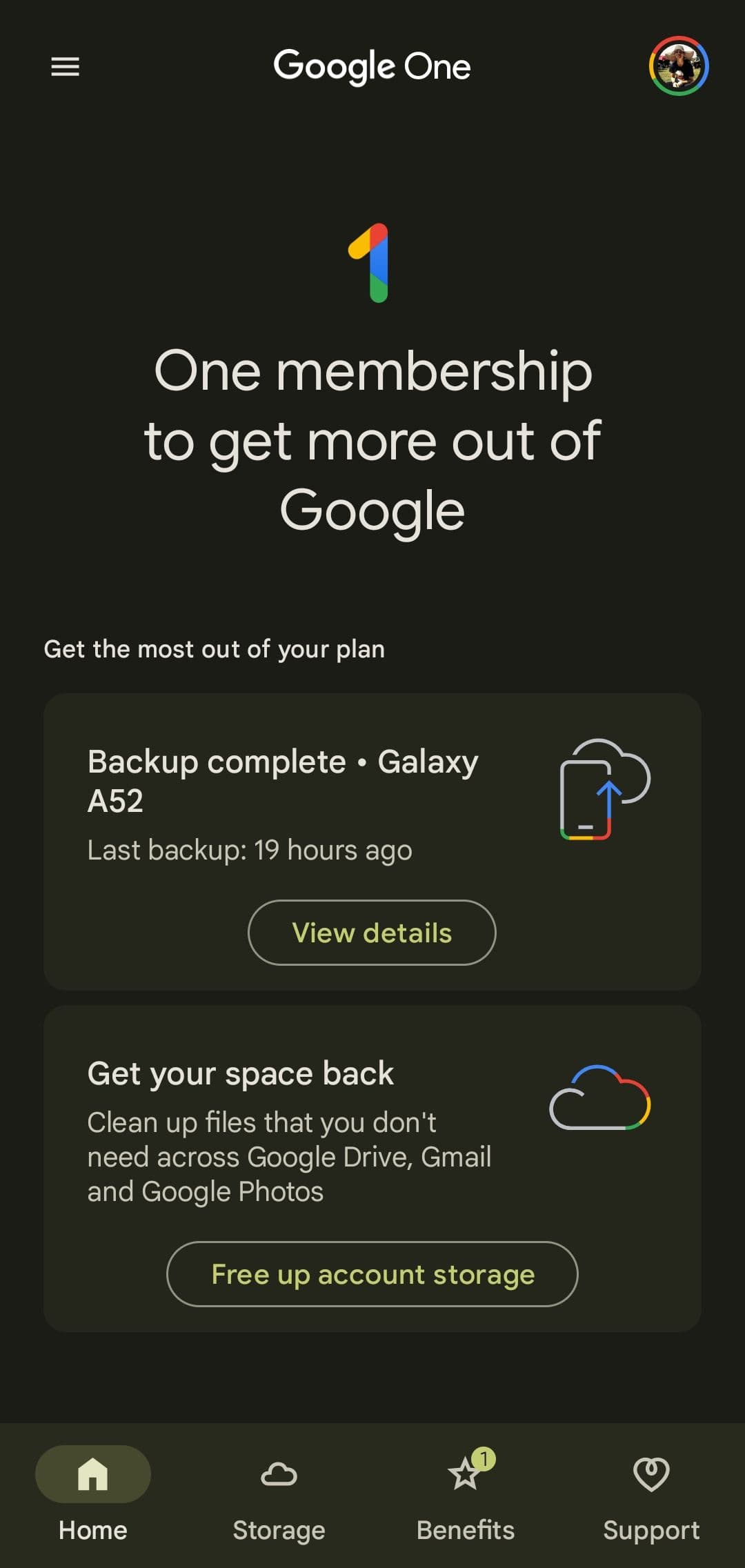 Η αρχική καρτέλα της εφαρμογής Google One
