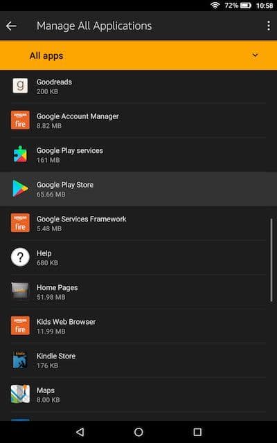 A screenshot in Fire OS showing the Google Play Store in its Settings menu