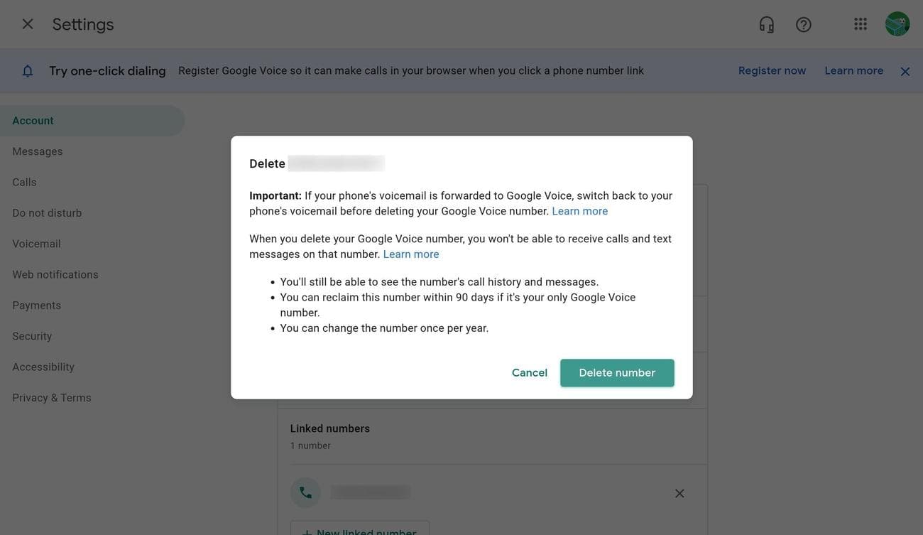 Το πλαίσιο διαλόγου διαγραφής αριθμού στο Google Voice στον ιστό