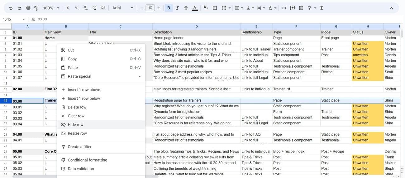 Απόκρυψη μιας σειράς στα Φύλλα Google