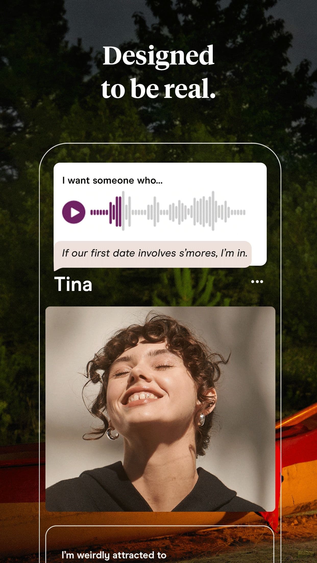στιγμιότυπο οθόνης του προφίλ της εφαρμογής γνωριμιών σε σκούρο φόντο