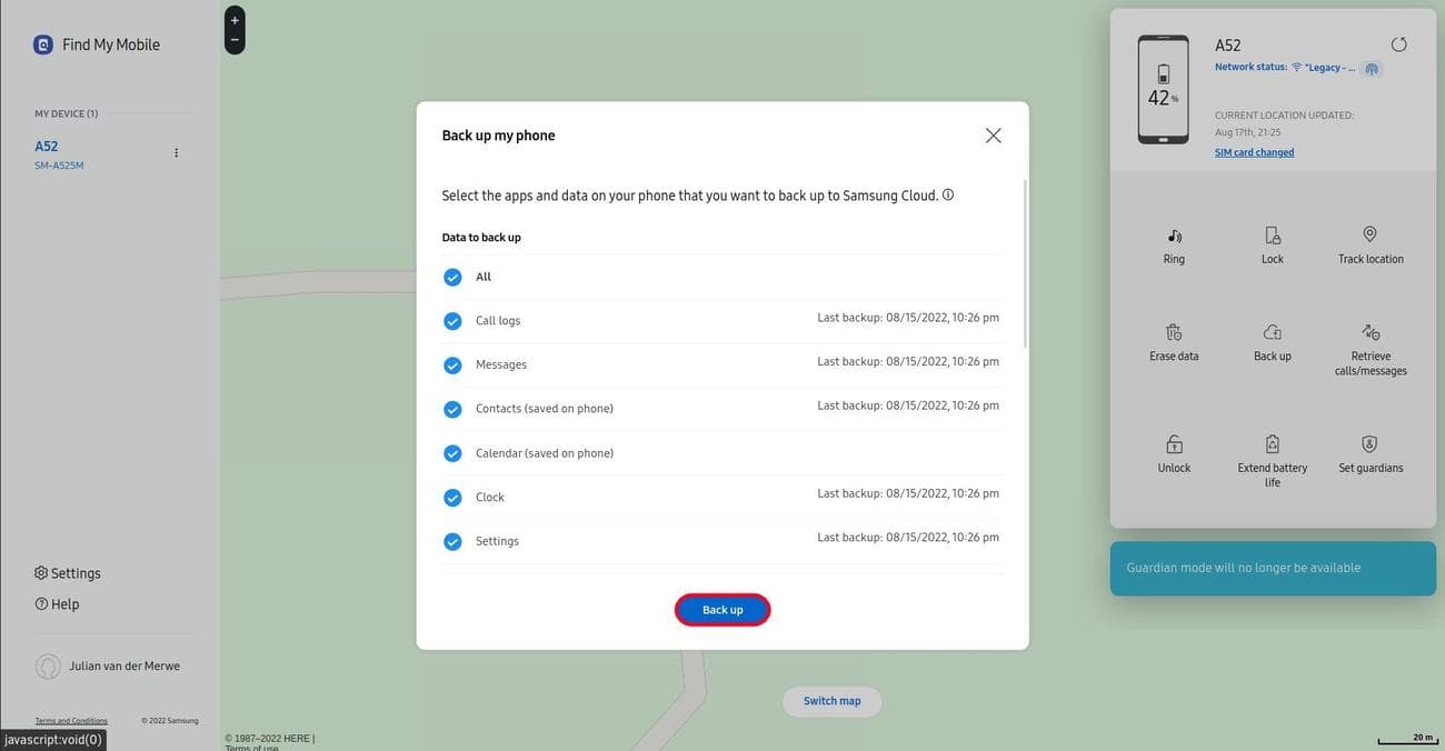 η εύρεση της σελίδας για το κινητό μου είναι ανοιχτή με ένα αναδυόμενο παράθυρο που δείχνει τις διαθέσιμες επιλογές δημιουργίας αντιγράφων ασφαλείας με τονισμένο το κουμπί δημιουργίας αντιγράφων ασφαλείας
