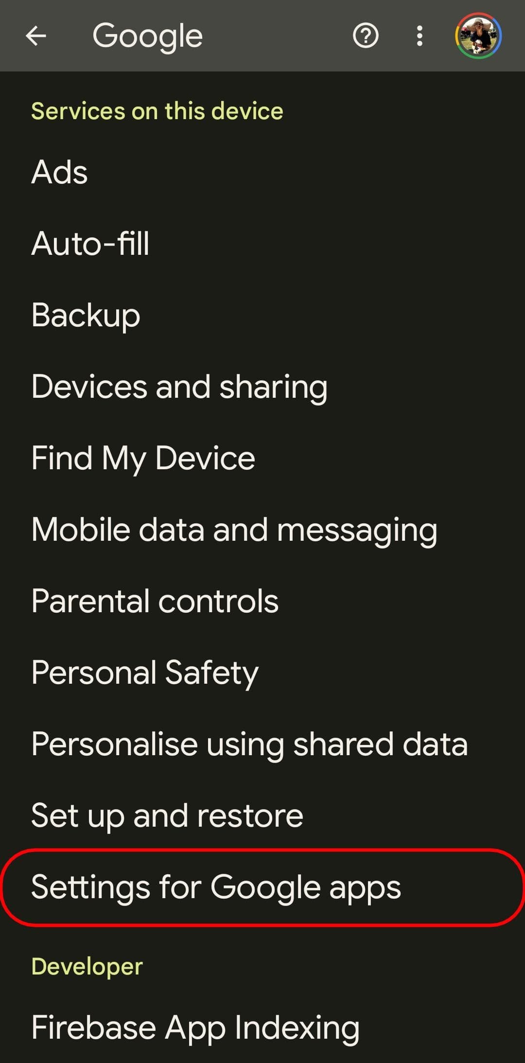 τη σελίδα ρυθμίσεων google με επισημασμένη τις ρυθμίσεις για τις εφαρμογές Google