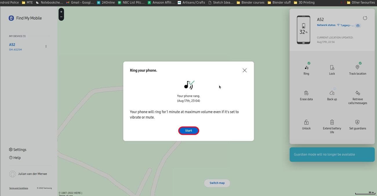 βρείτε τη σελίδα μου για κινητά ανοιχτή με ένα αναδυόμενο παράθυρο που επιβεβαιώνει ότι θα αρχίσει να κουδουνίζει το τηλέφωνο και επισημαίνεται το κουμπί έναρξης