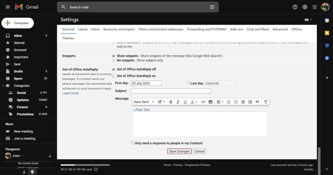 Η σελίδα Ρυθμίσεις Gmail με το κουμπί Αποθήκευση αλλαγών στο κάτω μέρος επισημασμένο