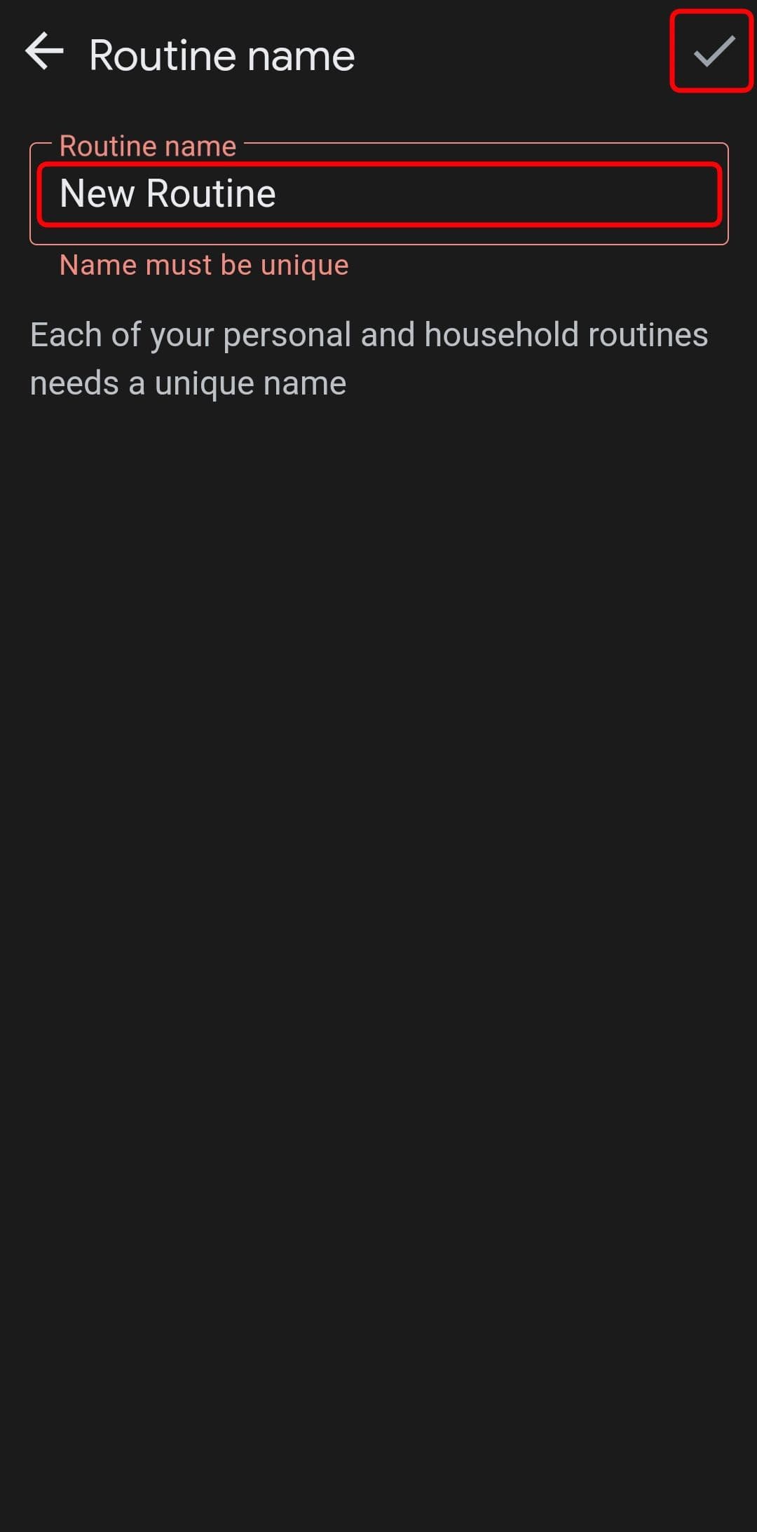 το παράθυρο μετονομασίας ρουτίνες του βοηθού Google ανοίγει με το πλαίσιο κειμένου και το κουμπί αποθήκευσης στην επάνω δεξιά γωνία της οθόνης επισημασμένο