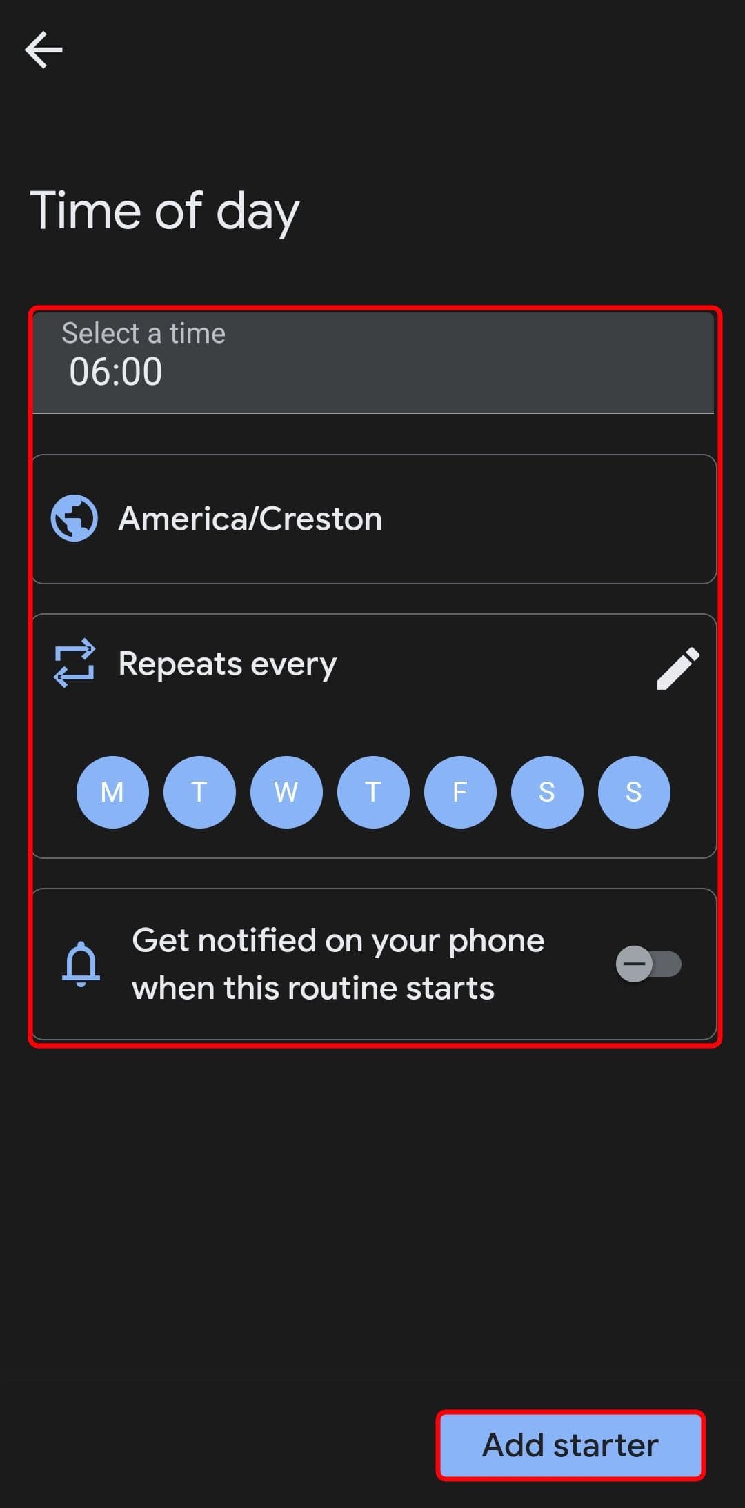 ένα παράθυρο ώρας έναρξης ρουτίνες του βοηθού Google με επισημασμένες τις επιλογές επανάληψης, τη ζώνη ώρας και τις επιλογές ειδοποίησης