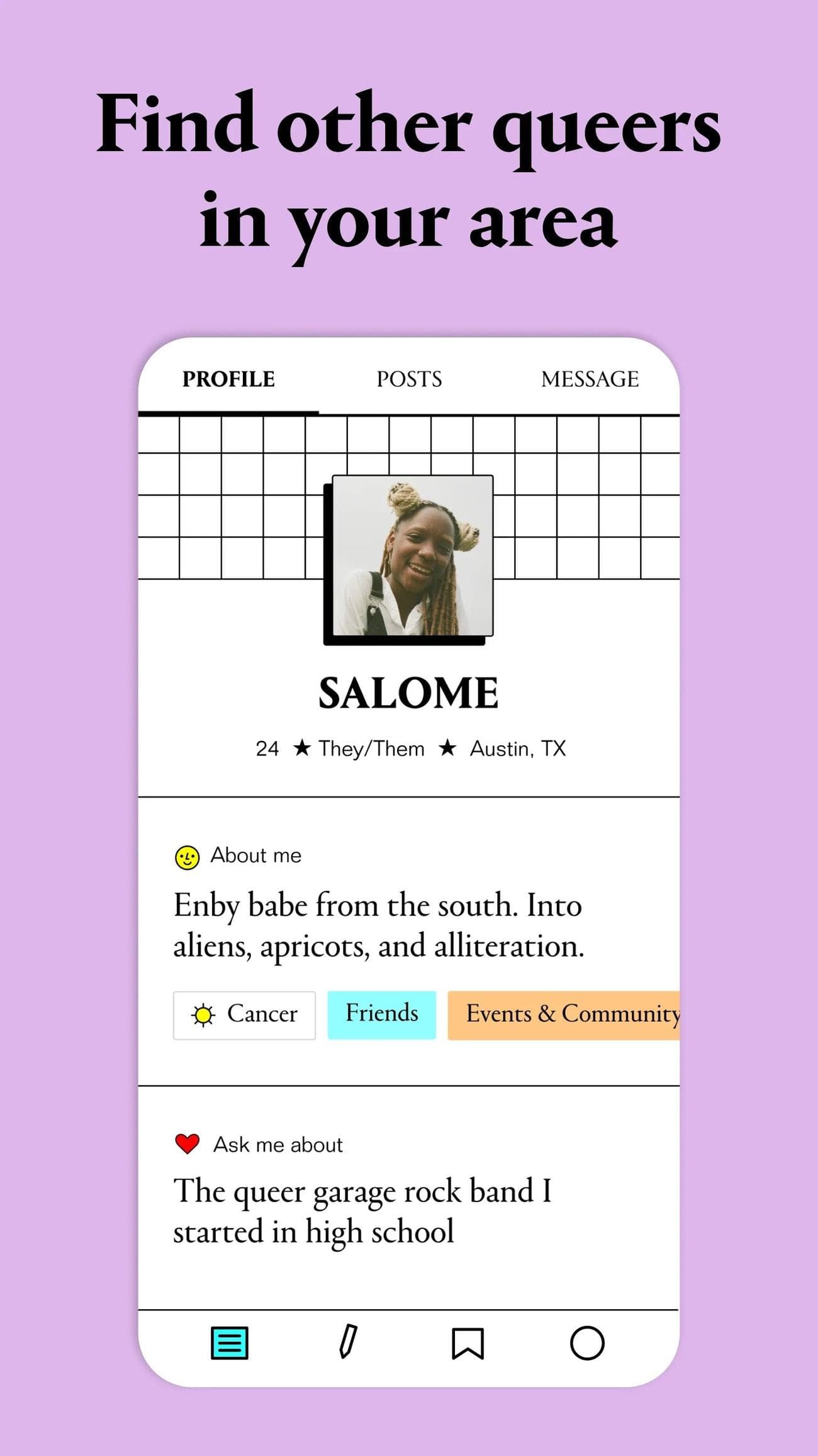 Εφαρμογή lex γνωριμιών που δείχνει προφίλ γνωριμιών σε ροζ φόντο