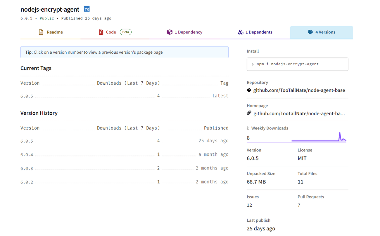 σελίδα npm για κακόβουλο πακέτο nodejs-encrypt-agent