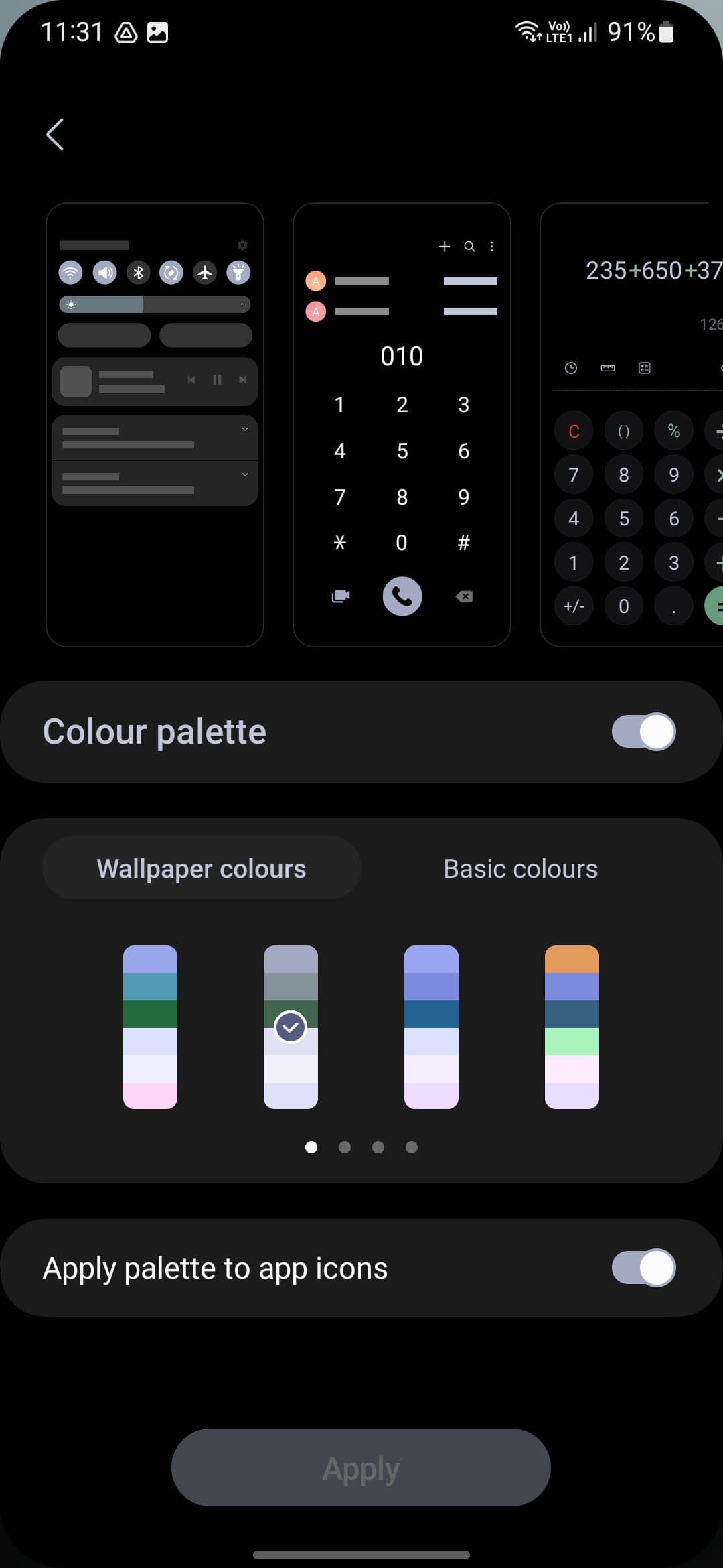 The color palette options in One UI on a Samsung phone