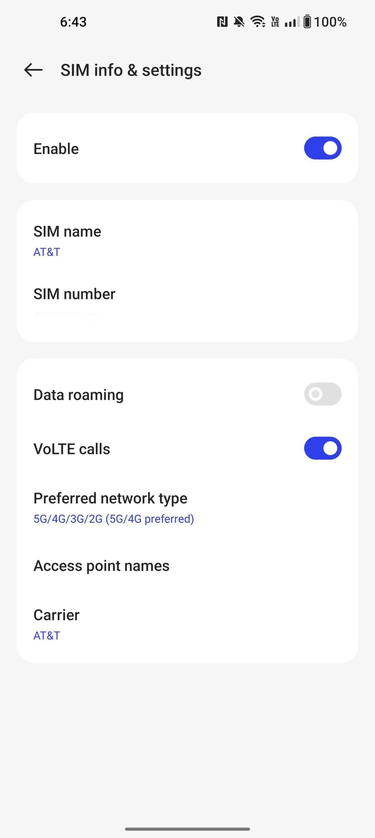 Το μενού ρυθμίσεων SIM στο OxygenOS 13