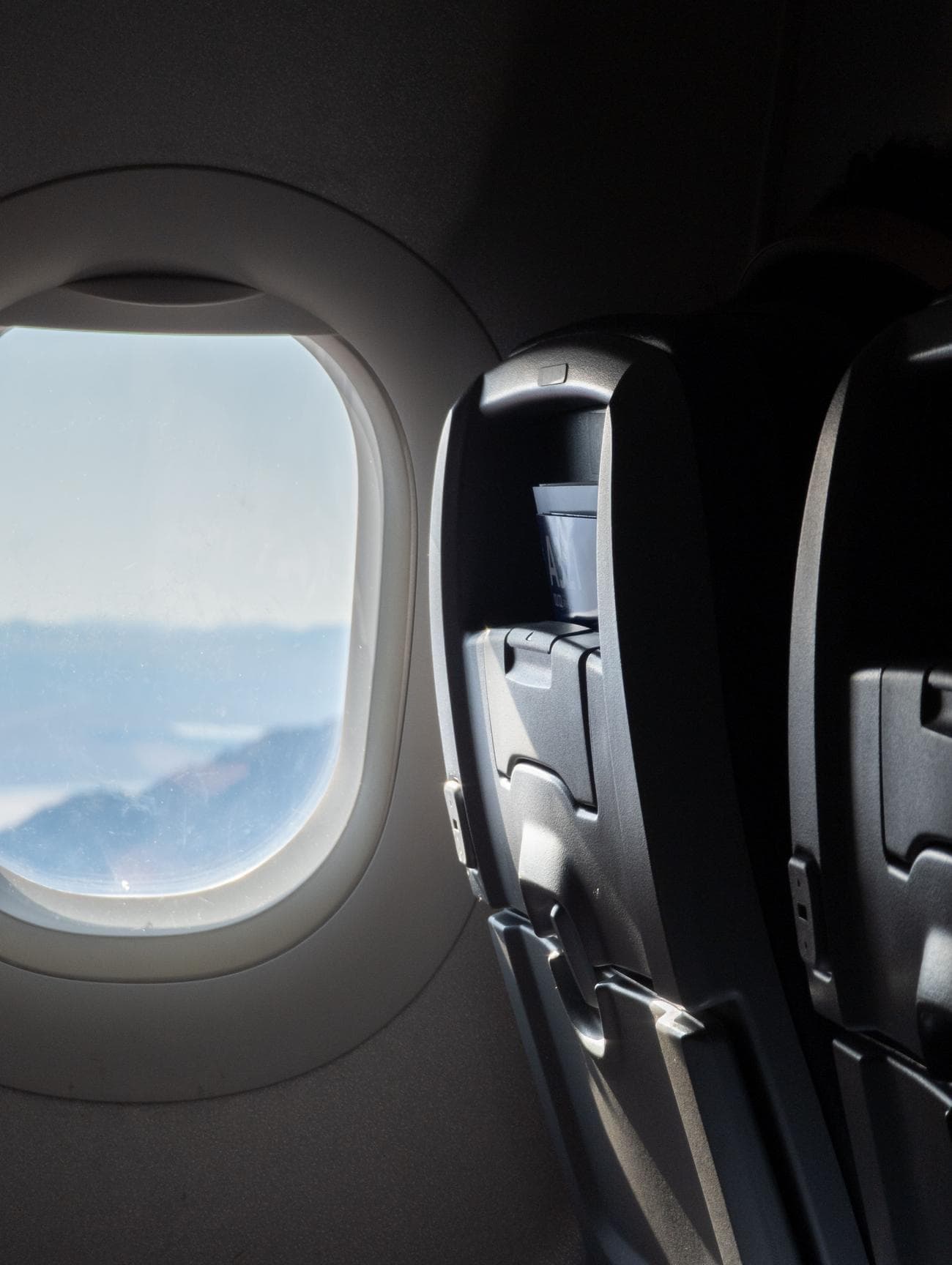 A RAW photo file showing an airplane window and seat, edited to change its Highlights.
