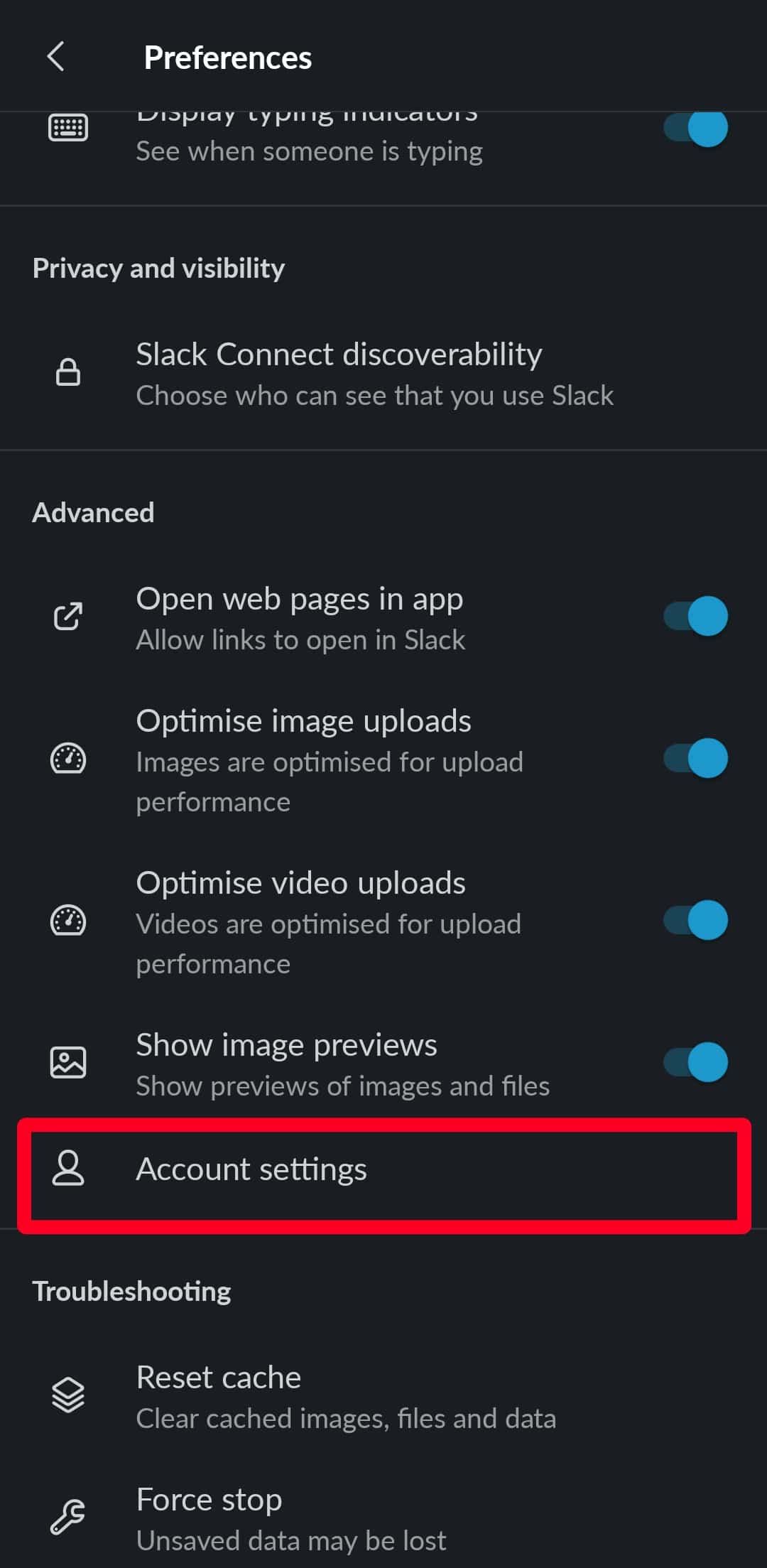 Μενού προτιμήσεων στην εφαρμογή Slack για κινητά