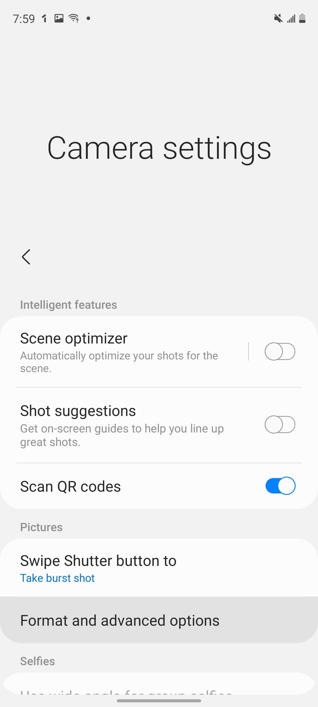 The Format and advanced options in the camera settings