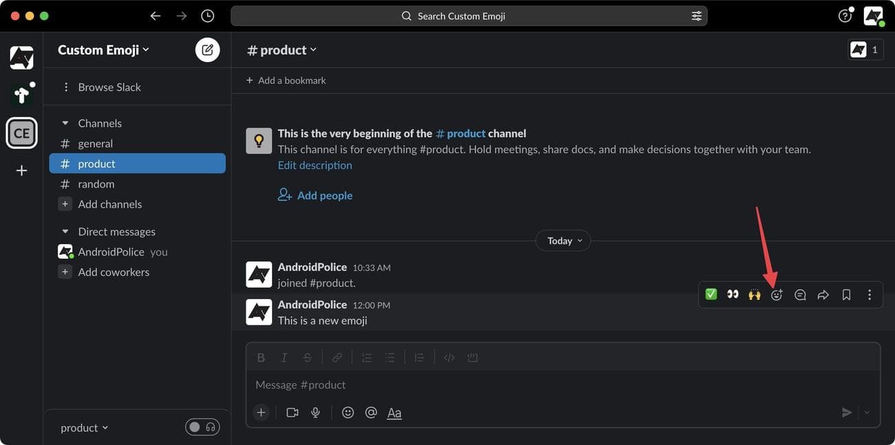 Αντίδραση σε μήνυμα χρησιμοποιώντας προσαρμοσμένα emoji στο Slack