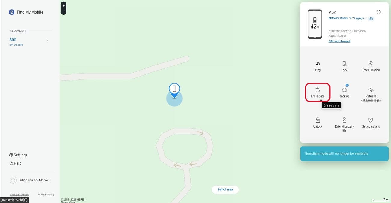 η εύρεση της σελίδας για το κινητό μου είναι ανοιχτή με τονισμένο το κουμπί διαγραφής δεδομένων