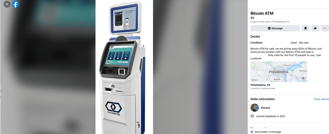 Στιγμιότυπο οθόνης μιας σελίδας στο Facebook Marketplace που προσφέρει δωρεάν Bitcoin